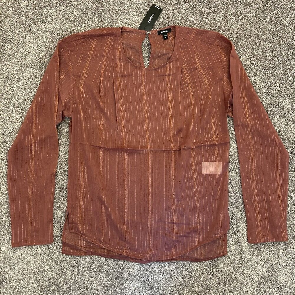 Express Womens Metallic Sheer Gathered Shoulder Long Sleeve Top Size XS NWT $54 - Picture 7 of 16
